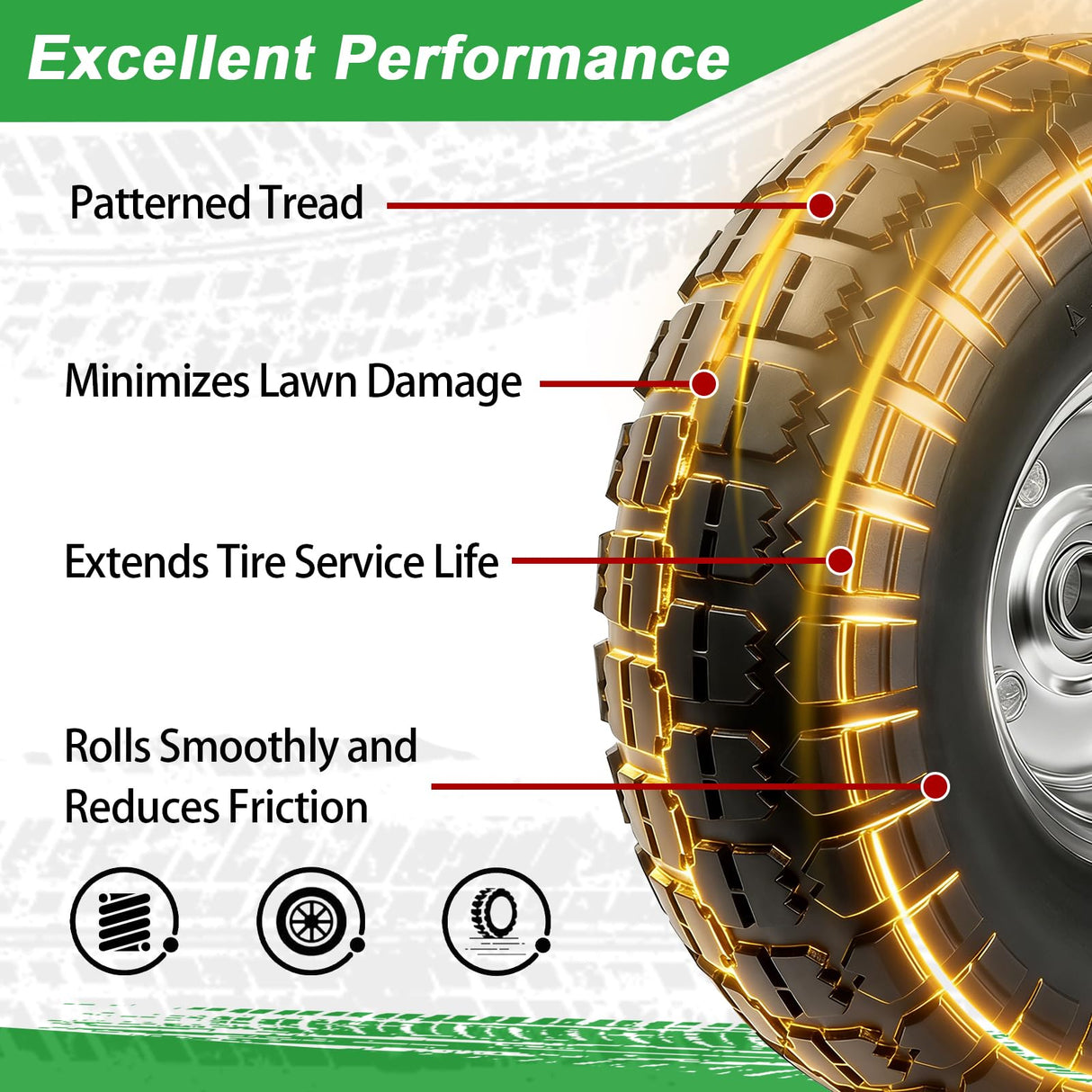 LTNICER 4.10/3.50-4 Tire Wheels Flat Free 10" Heavy Duty Solid Flat-Free Replacement Tire with 5/8 Axle Compatible with Gorilla Carts, Wheelbarrow, Dolly, Hand Truck (2-Pack)