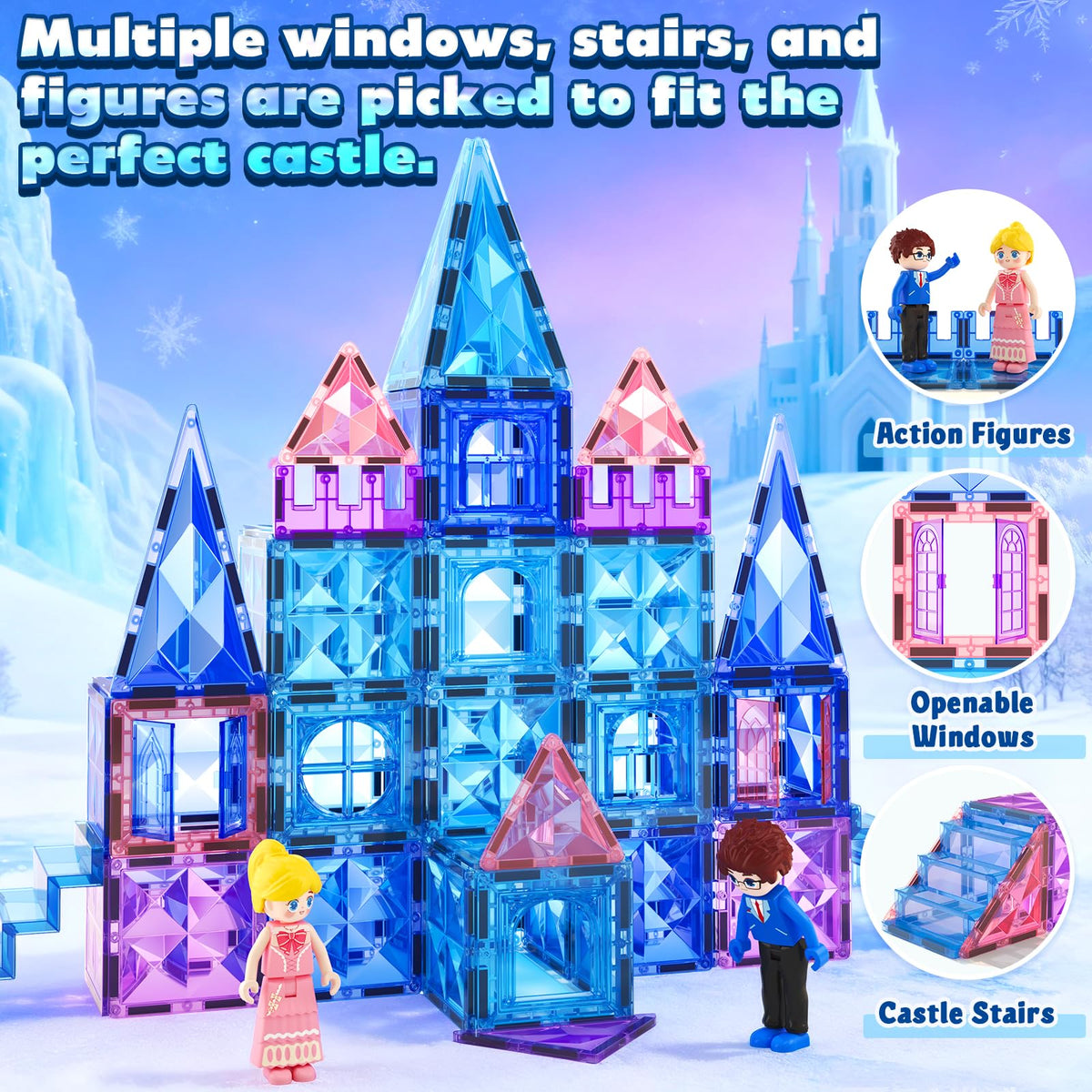Magnetic Tiles 102pcs with 2 Stairs 2 Dolls Princess Castle Building Toys