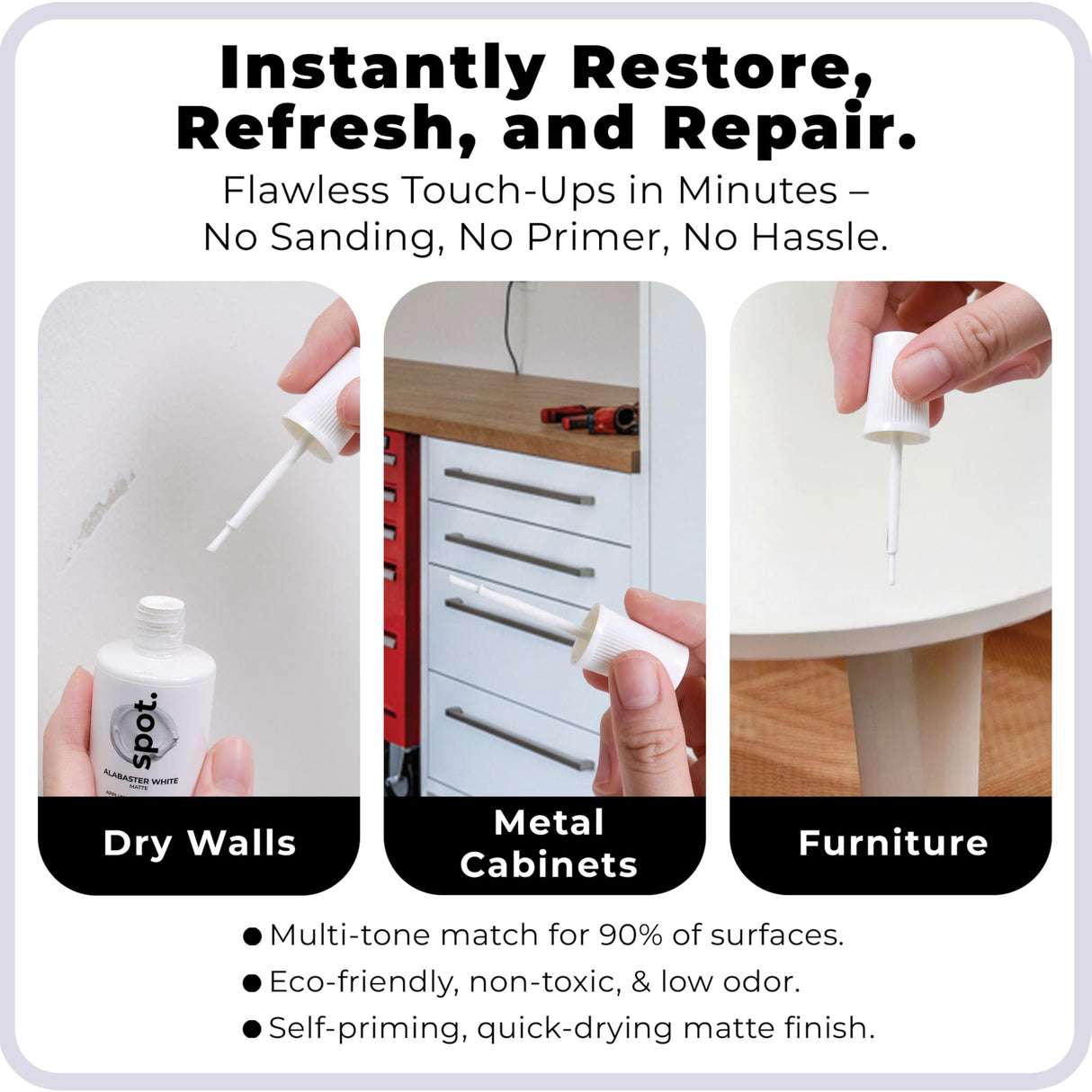 spot. Touch-Up Paint | Matte Finish for Cabinets, Walls, Doors & Furniture | Multi-Tone White Repair Kit | Quick-Dry, Self-Priming, Low-Odor, Eco-Friendly | No-Sanding or Primer Needed | 3 Pack