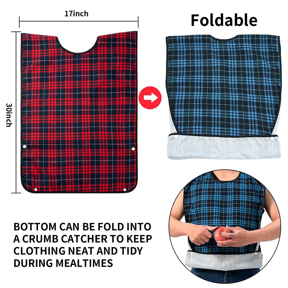 XKDOUS 4 Pcs Adult Bibs For Men Washable Clothing Protector with Crumb Catcher for Eating, Reusable Waterproof Large Feeding Adult Bibs Gift for Men Women Elderly Senior