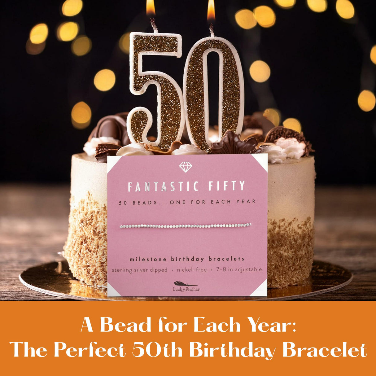 Lucky Feather 50th birthday gifts for her | 50th birthday gifts for women Bracelet | 14K Gold, Rose Gold, or Silver Dipped Beads on Adjustable Cord | Trendy 50 year old gifts for women | With Card