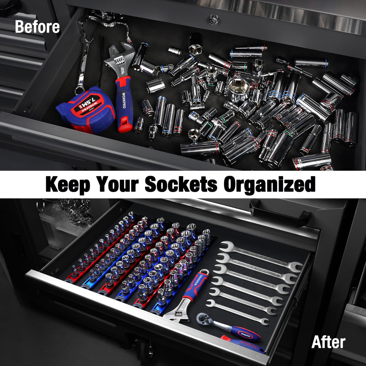 WORKPRO Magnetic Socket Organizer Set, 3-Piece Aluminum Alloy Socket Rail, Heavy Duty Socket Holder, Socket Rack Kit 1/4-Inch x 12 Clips, 3/8-Inch x 10 Clips, 1/2-Inch x 10 Clips (Red)