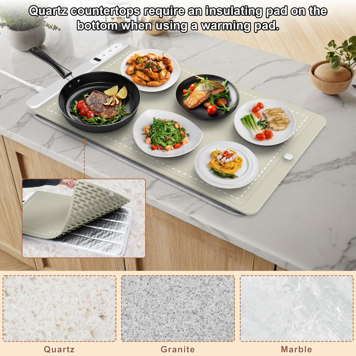 FYY Warming Mat for Food - Rapid and Full Surface Heating, 6 Temp Settings, 6H Timer, Rollable Portable Food Warming Mat, Ideal for Gatherings, Parties, Keep Meal Warm (X Large Size, Khaki)