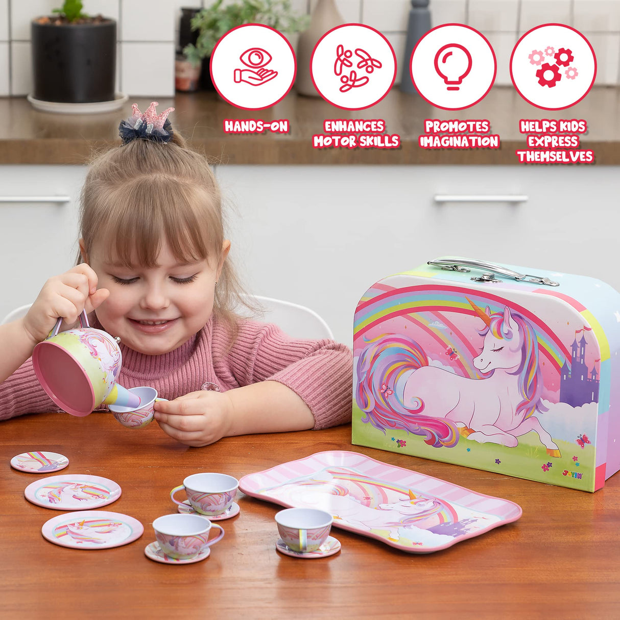 JOYIN Unicorn Tea Party Set for Little Girls, Pretend Pink Tin Teapot Set, Princess Tea Time Play Kitchen Toy with Teapot, Cup, Plate, Carrying Case for Kids Toddlers Age 3 4 5 6, Gift for Christmas