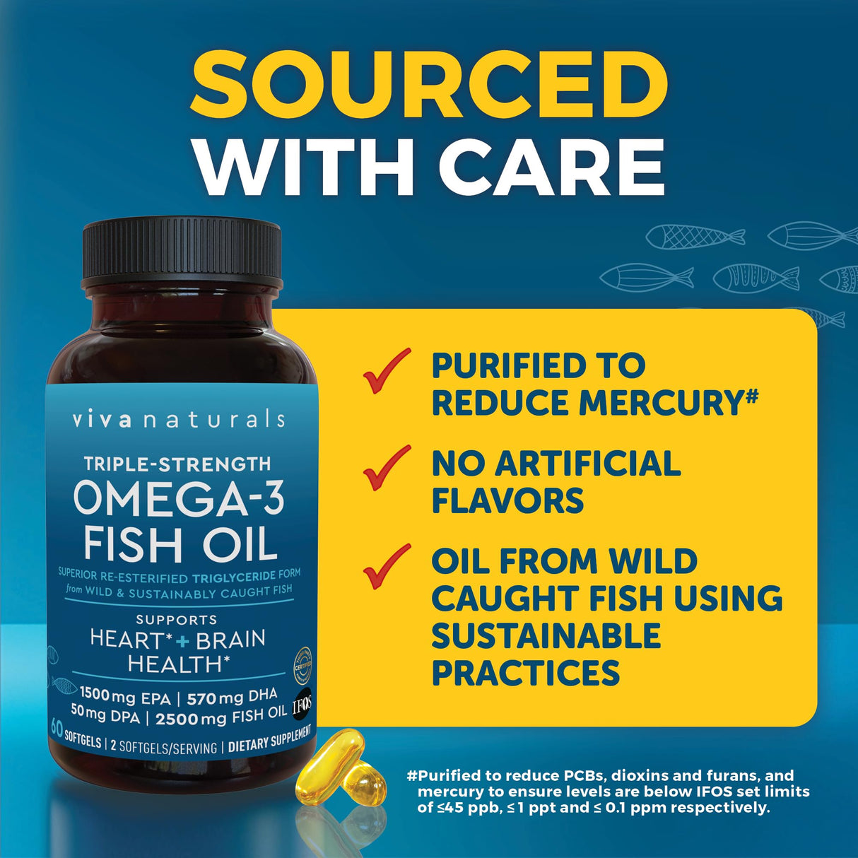 Viva Naturals Triple Strength Omega 3 Fish Oil Supplement - 2500 mg Fish Oil with Re-Esterified Omega 3 Fatty Acids Including EPA, DHA DPA - 60 Pescatarian-Friendly Softgels