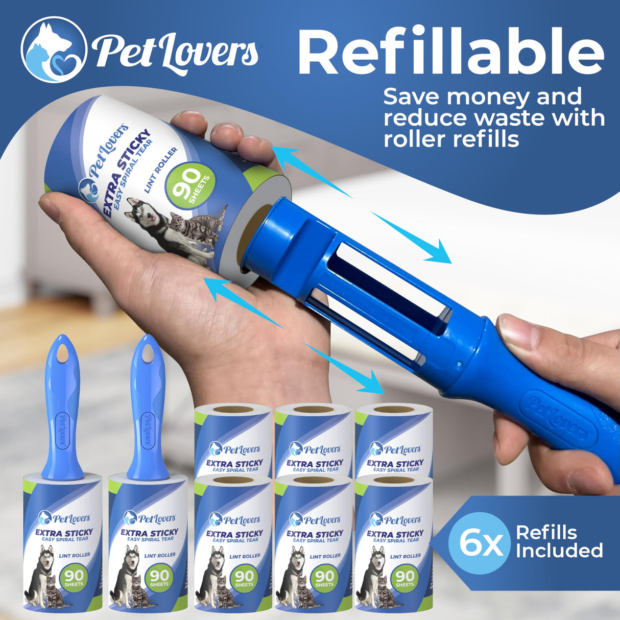 PetLovers Extra Sticky Lint Roller Mega Value Set 720 Sheets for Pet Hair Removal and Clothes, Dog and Cat Lint Remover, 8 Pack