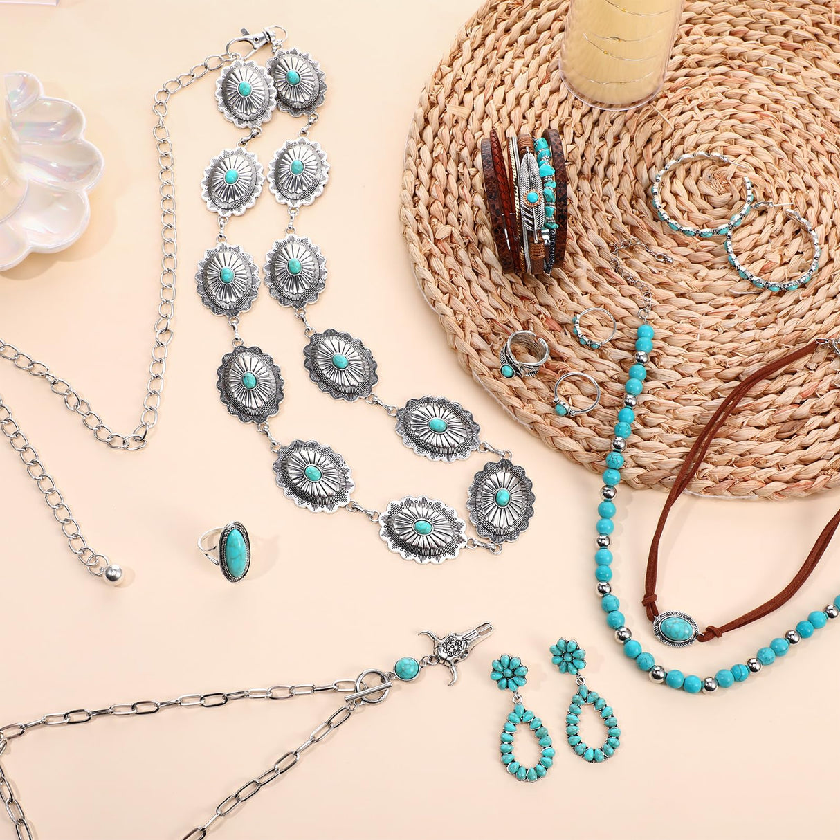 Zhamate 9 Pcs Western Jewelry Boho Turquoise Necklace Bracelet Ring Set