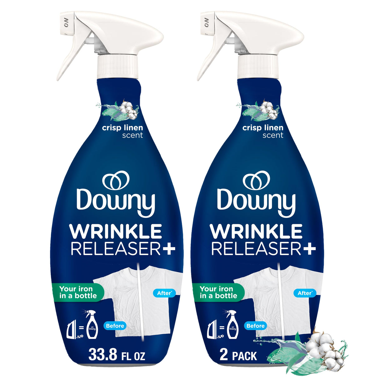 Downy Wrinkle Releaser Spray, All In One Formula, Removes Wrinkles, Static and Odor Eliminator, Crisp Linen Scent, 33.8 Fl Oz, Pack of 2 (Packaging May Vary)