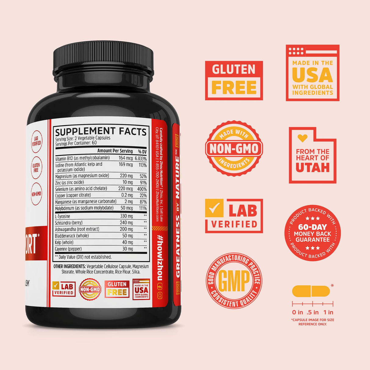 ZHOU Thyroid Support - Thyroid Supplement for Women & Men with Zinc, Iodine, & Selenium, Cellular Energy Thyroid Complex with Ashwagandha, Kelp - 120 Veggie Capsules (Pack of 1)