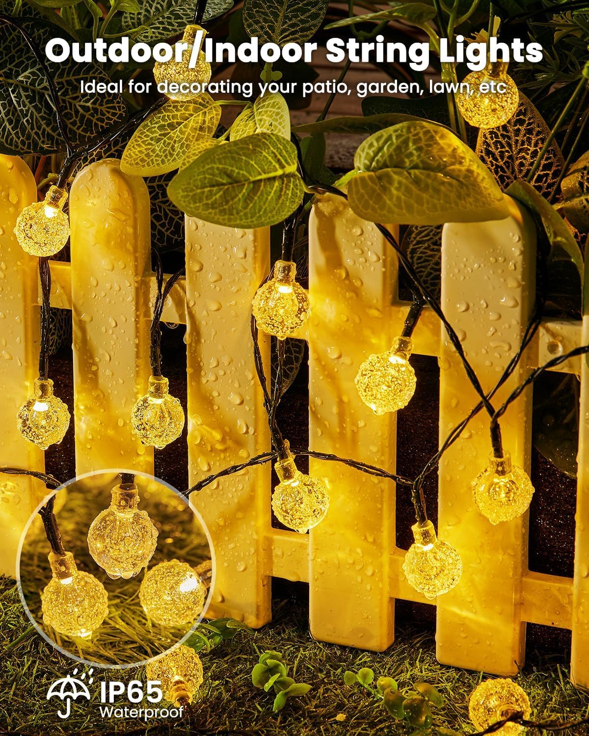 Brightown Solar String Lights Outdoor Waterproof, 2 Pack Total 120 LED 73 FT, Solar Powered Patio Lights with 8 Lighting Modes for Garden Yard Porch Wedding Party Decor (Warm White)