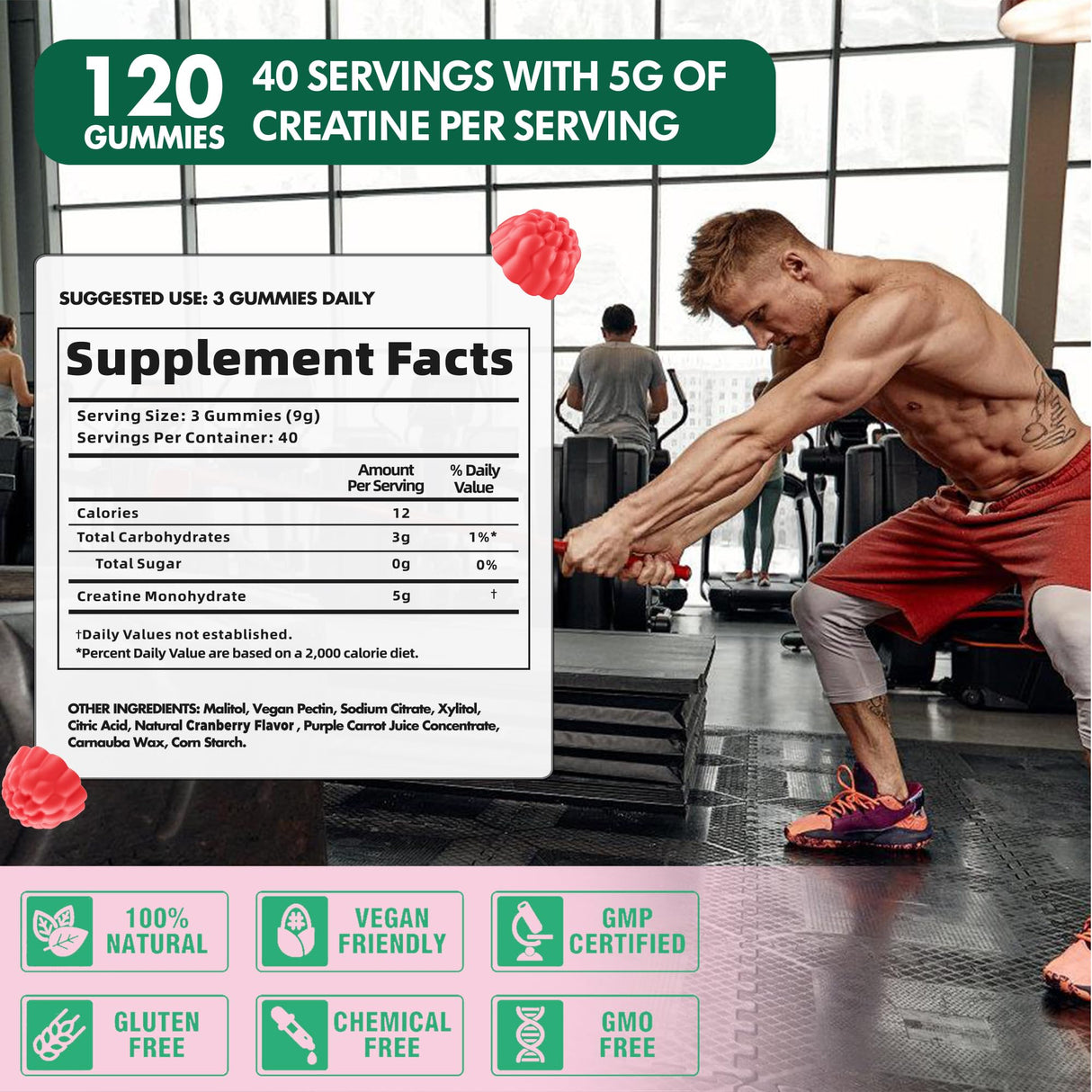 DANEW Pro Creatine Monohydrate Gummies 5000mg for Men & Women, Creatine Monohydrate for Muscle Strength, Muscle Builder, Energy Boost, Pre-Workout Supplement(120 Count)-Cranberry Flavor