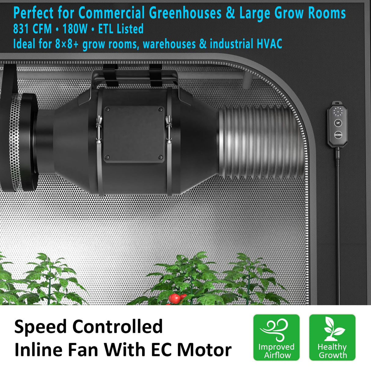 Toolazy 8 Inch Inline Duct Fan 831 CFM, EC Motor Vent Booster Exhaust Fan with 0-100% Variable Speed Controller, Ventilation Fan for Grow Tent, HVAC, Basement, Workshop, Garage, Commercial Space