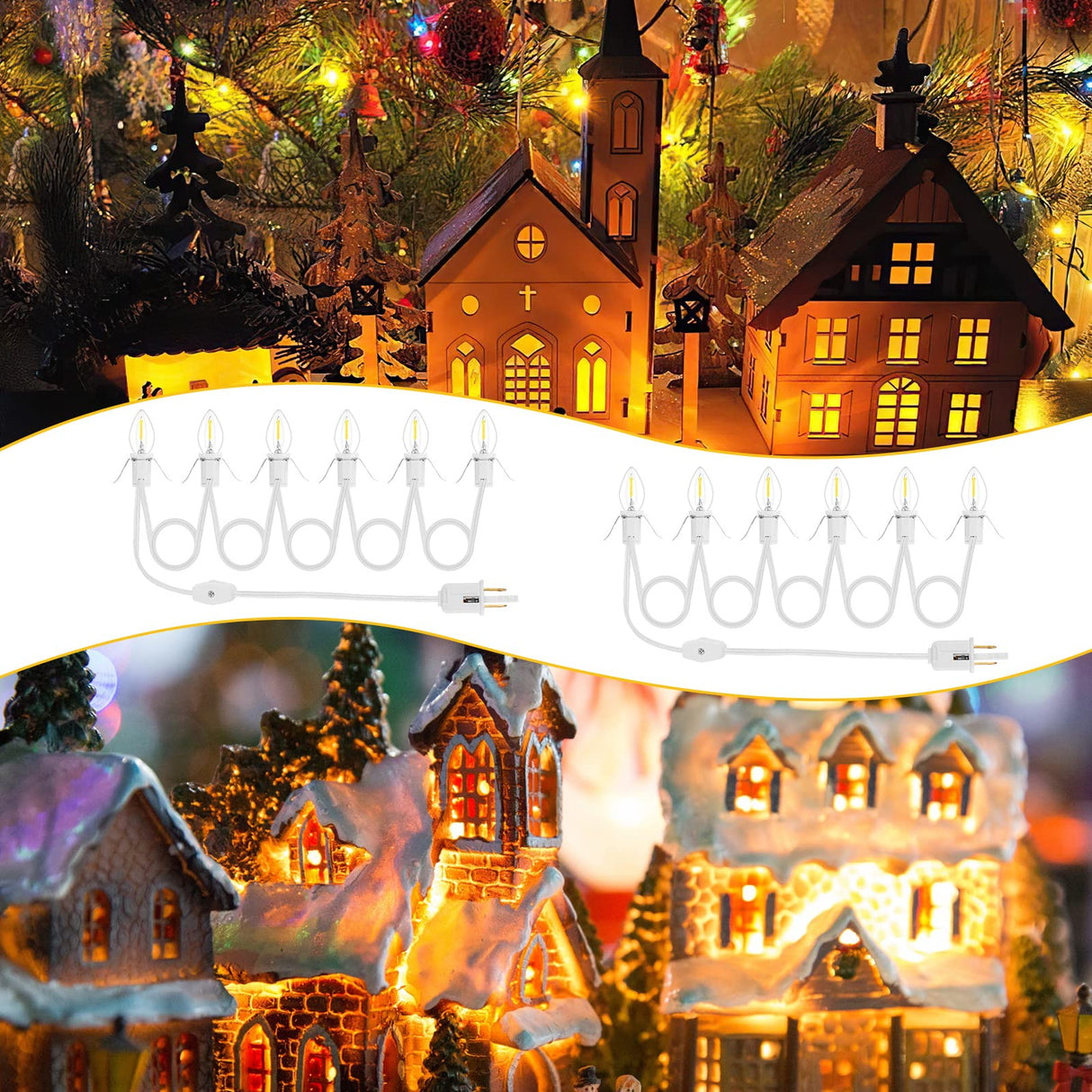 2Pack Accessory Cord with 12 LED Light Bulbs Christmas Village String Light 10.3FT White Cord with Spare Fuse Warm White C7 Lamp for Halloween Pumpkins Christmas Village Houses and Craft Decoration