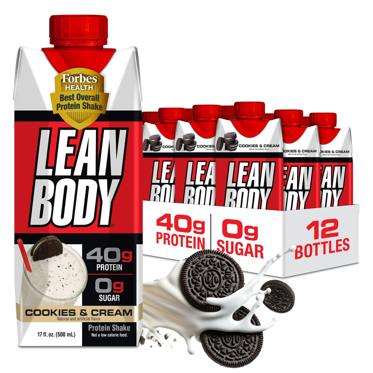 Lean Body Ready-to-Drink Cookies and Cream Protein Shake, 40g Protein, Whey Blend , 0 Sugar, Gluten No, 22 Vitamins & Minerals, (Recyclable Carton & Lid - Pack of 12) LABRADA , 17 Fl Oz (Pack of 12)