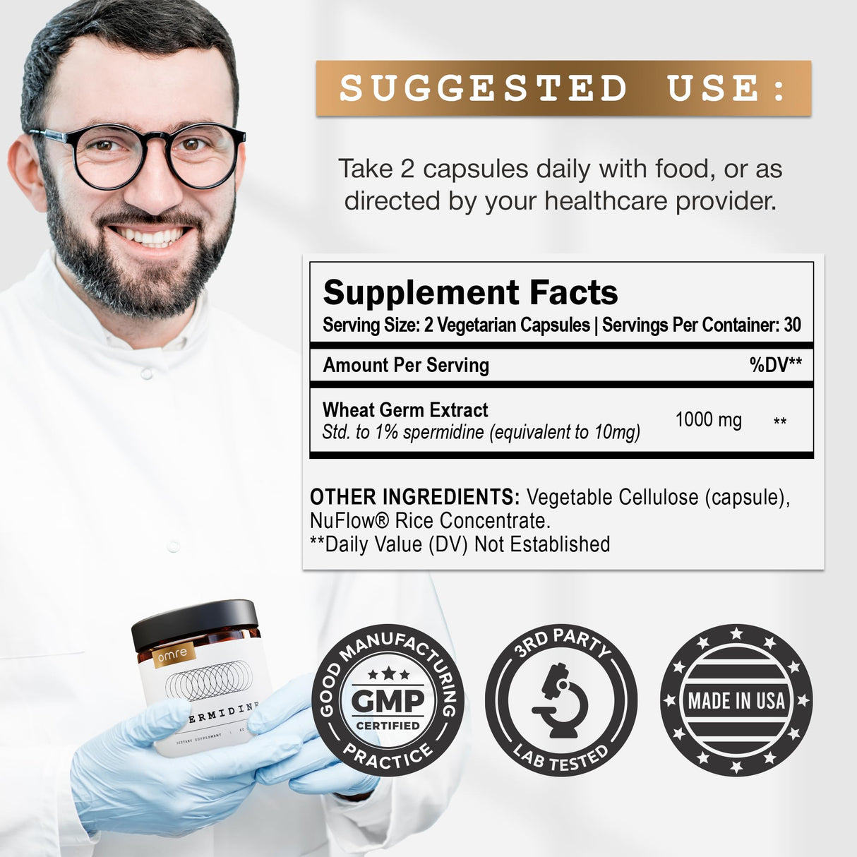 OMRE Spermidine Supplement (10mg of Non-Synthetic Spermidine) - 3rd-Party Tested 1000mg Wheat Germ Extract Standardized to No Less Than 1% Spermidine - 10mg of Natural Spermidine per Serving