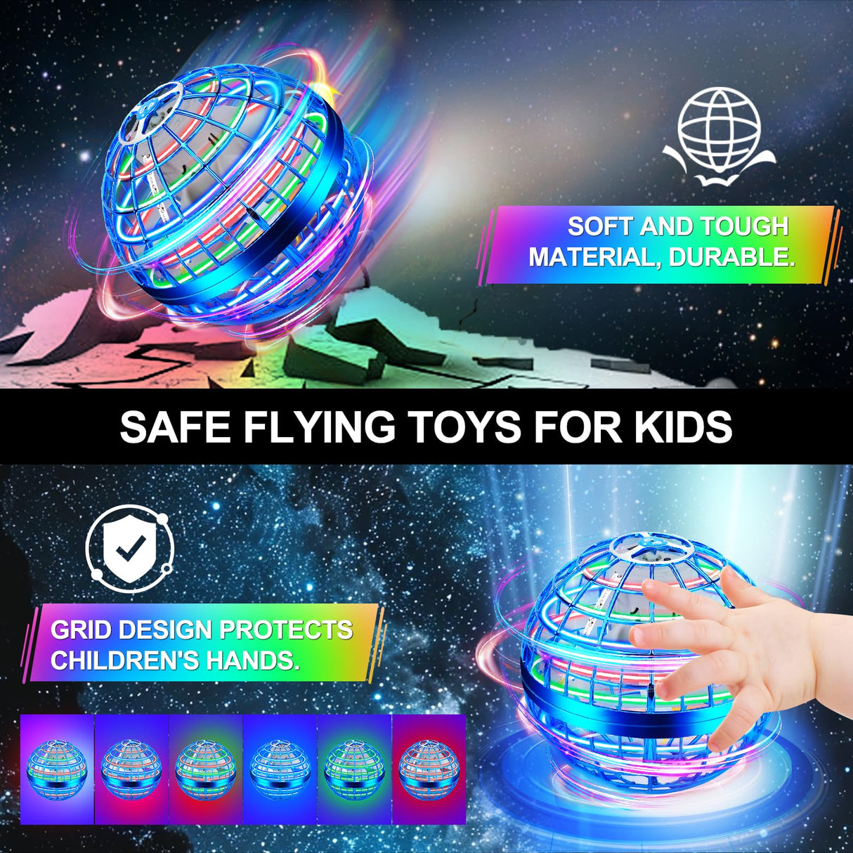 Vantexi Flying Orb Ball Toy, Parachute with LED Light, Magic Hand Controlled Mini Galaxy Hover Ball,Cosmic Globe Boomerang, Cool Christmas Birthday Gift for 6 7 8 9 10+ Year Old Boys Girls-Bright Blue