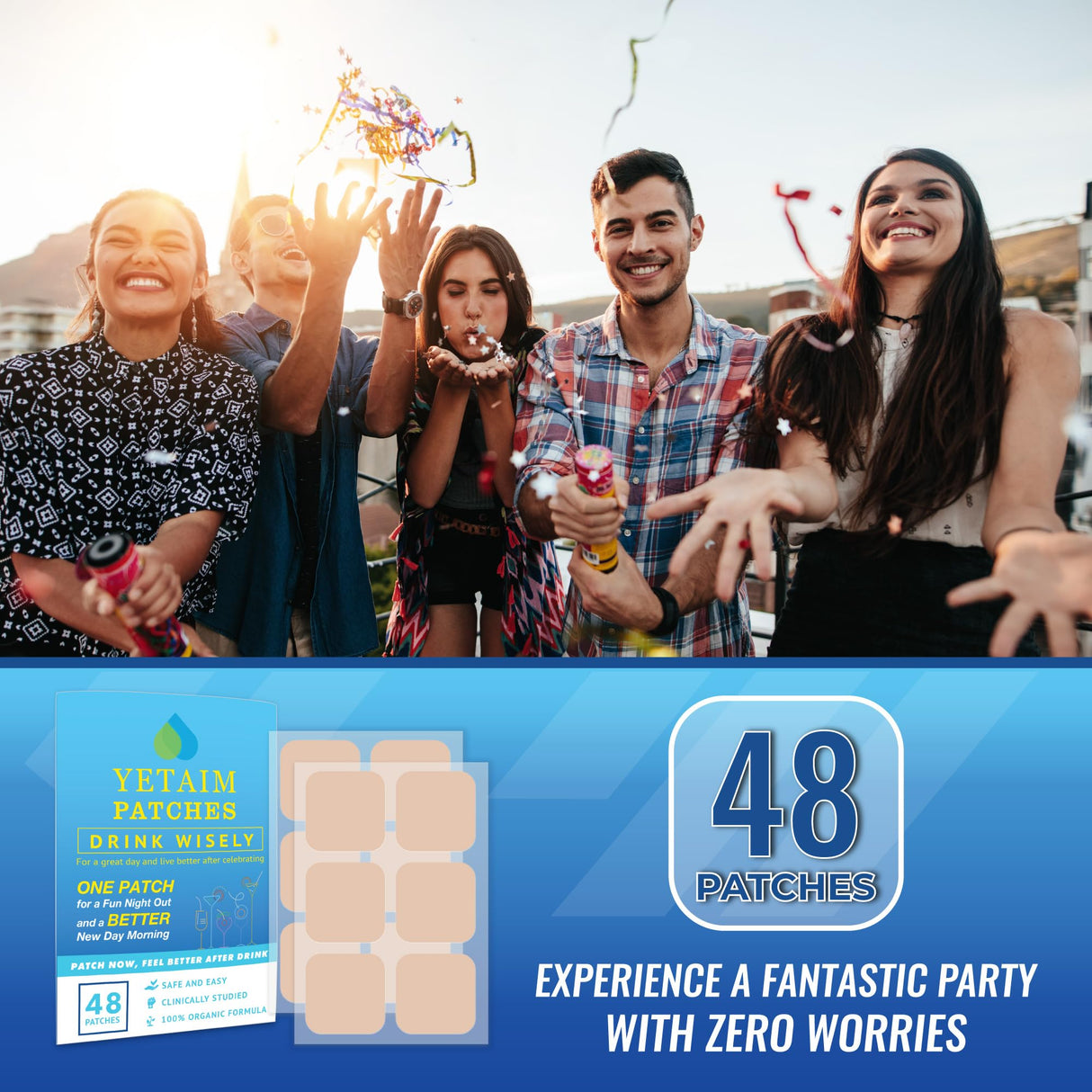 YETAIM Recovery Patches for Women Men: 48-Pack Energy Boost Fast Recovery - Day Night Party Support - Apply on Arm Neck Wrist Back for Party Fun Morning Revival - Clear Blue