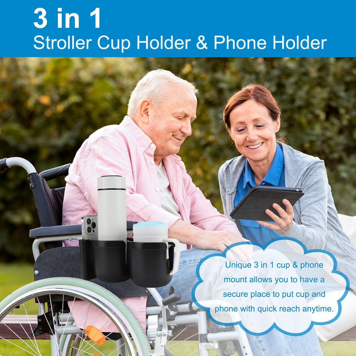 Accmor 2-in-1 Walker Cup Holder with Phone Holder, Wheelchair Cup Holder, Rollator Cup Holder, Cup Phone Holder for Walker, Wheelchair, Rollator, Mobility Scooter