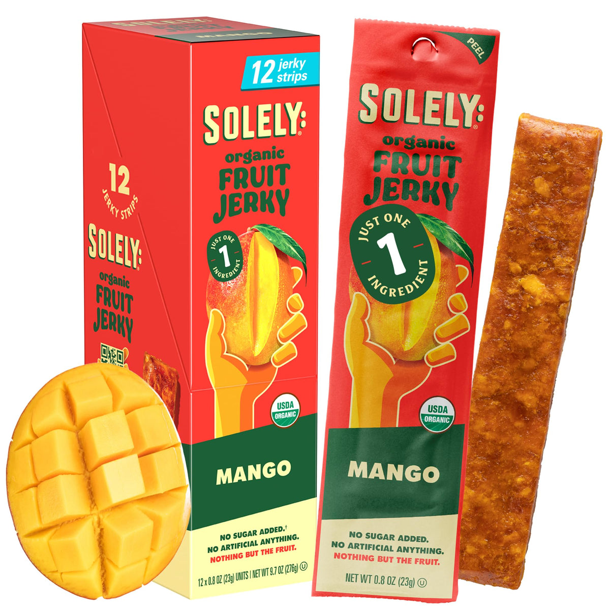 Solely - Organic Mango Fruit Jerky - 12 Individually Wrapped Fruit Strips - Fruit Leather Made from Dried Fruits - Healthy Snacks, Vegan - 0.8oz (23g)