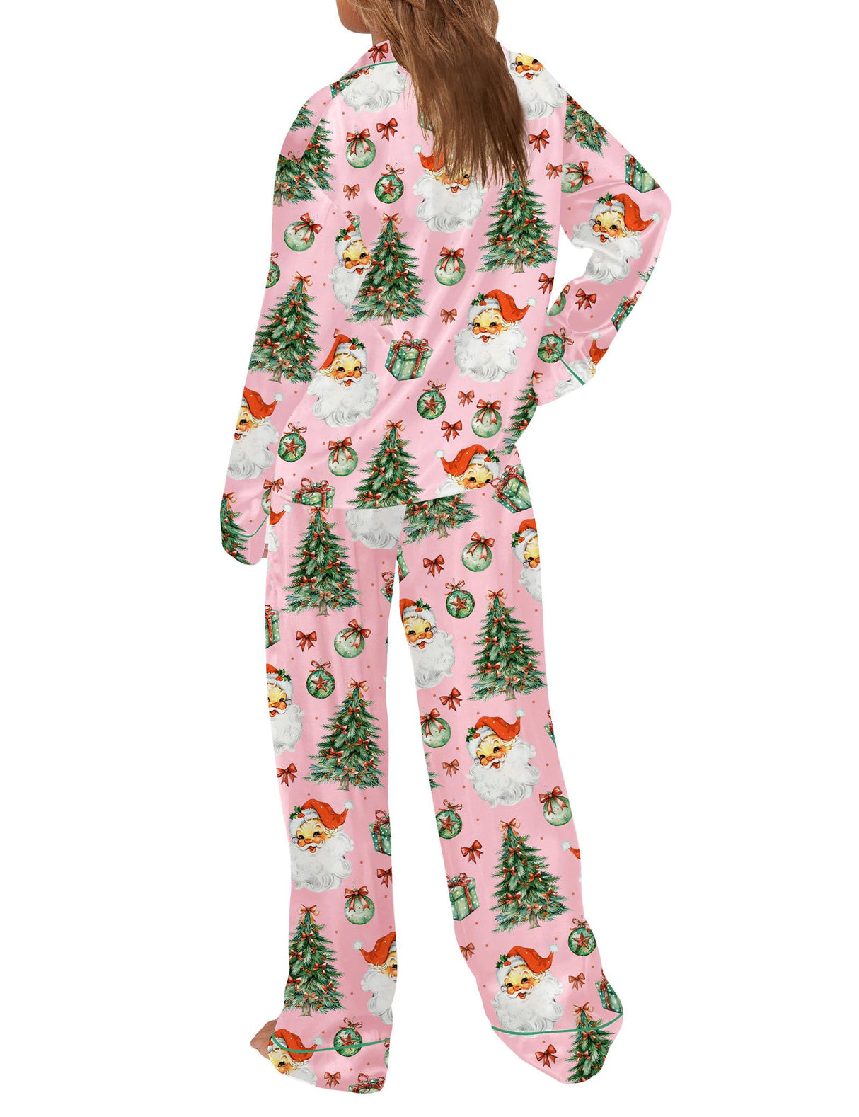 SHESHOW Satin Christmas Pjs Women Button Down 2 Piece Funny Graphic Santa Pink Christmas Pajamas for Women M