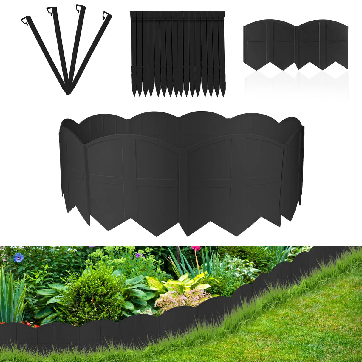 6 Inch Tall 20Ft Black Garden Edging Border with 7.8In Height Stakes,20Pcs