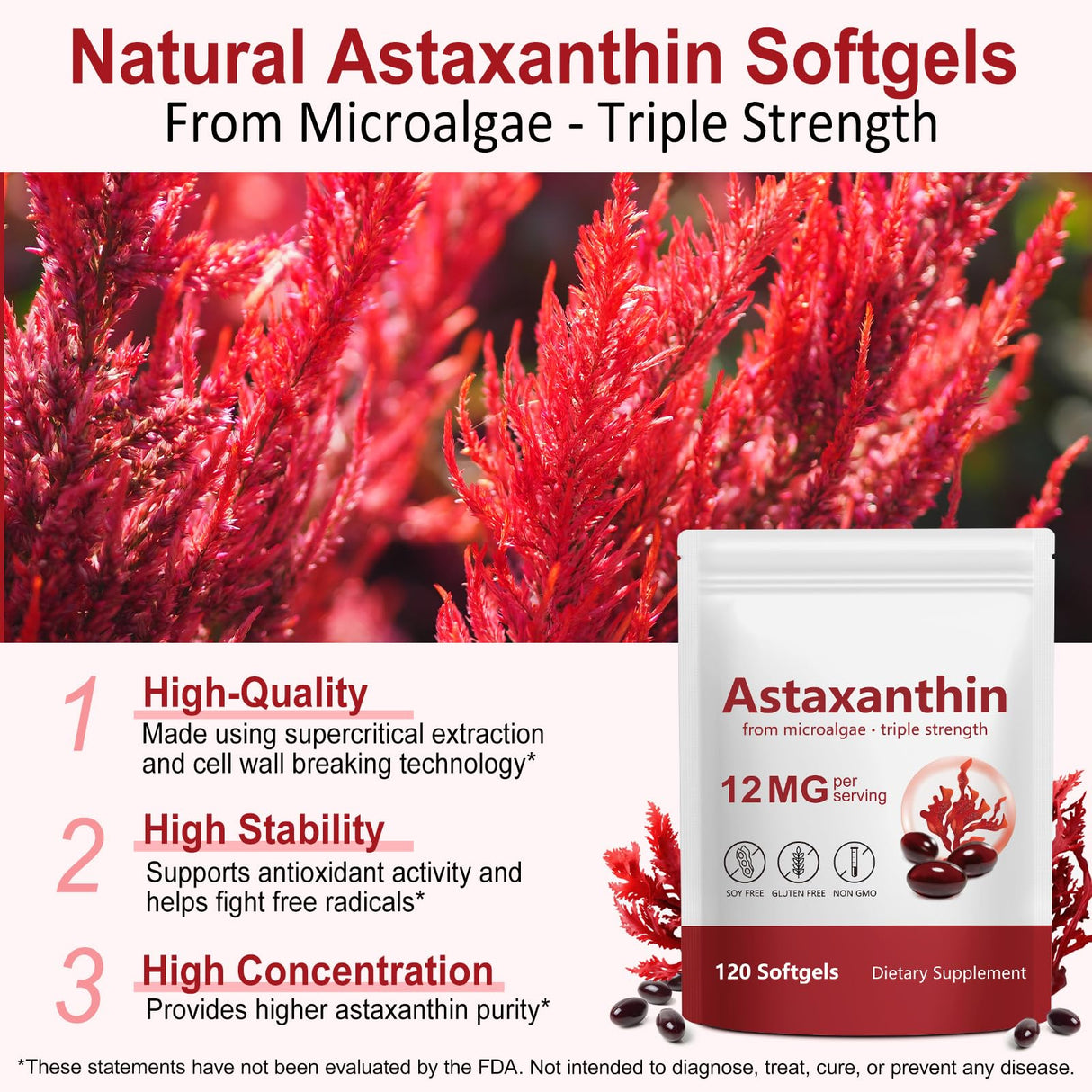 Astaxanthin Supplements 12mg, 120 Astaxanthin Softgels, Premium As-taxanthin Antioxidant Supplements with Antioxidant Activity, Supports Eye, Skin, Immune, Joint, Internal Circulation-4 Month Supply