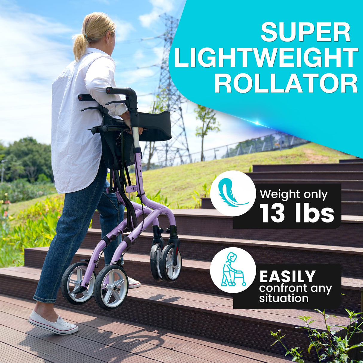 PLANET WALK Super Lightweight Rollator Walker for Seniors, Foldable Rolling Walker with Seat and 8" Rubber Wheels for All Terrain, Unique Design Aluminium Frame Sturdy Walkers for Traveling - Purple