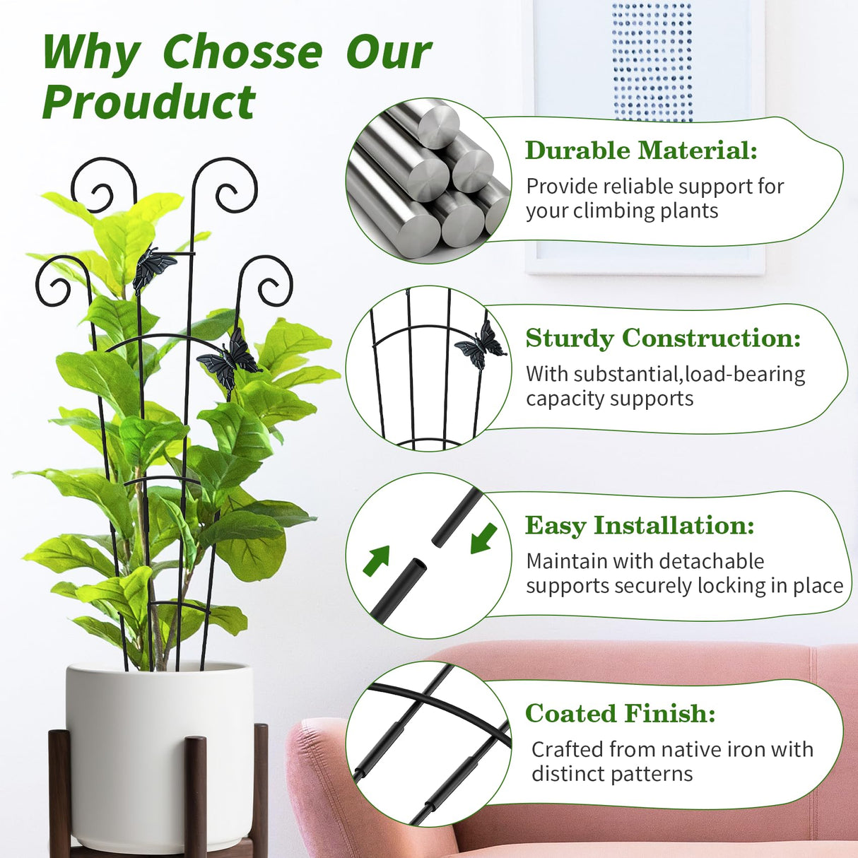 2 Pack 30 Inch Taller Plant Trellis for Potted Climbing Plants Indoor,Expandable Metal Garden Trellis for Climbing Plants,Flowers Vine Ivy, Sturdy Houseplant Support for Potted Plants with Ties