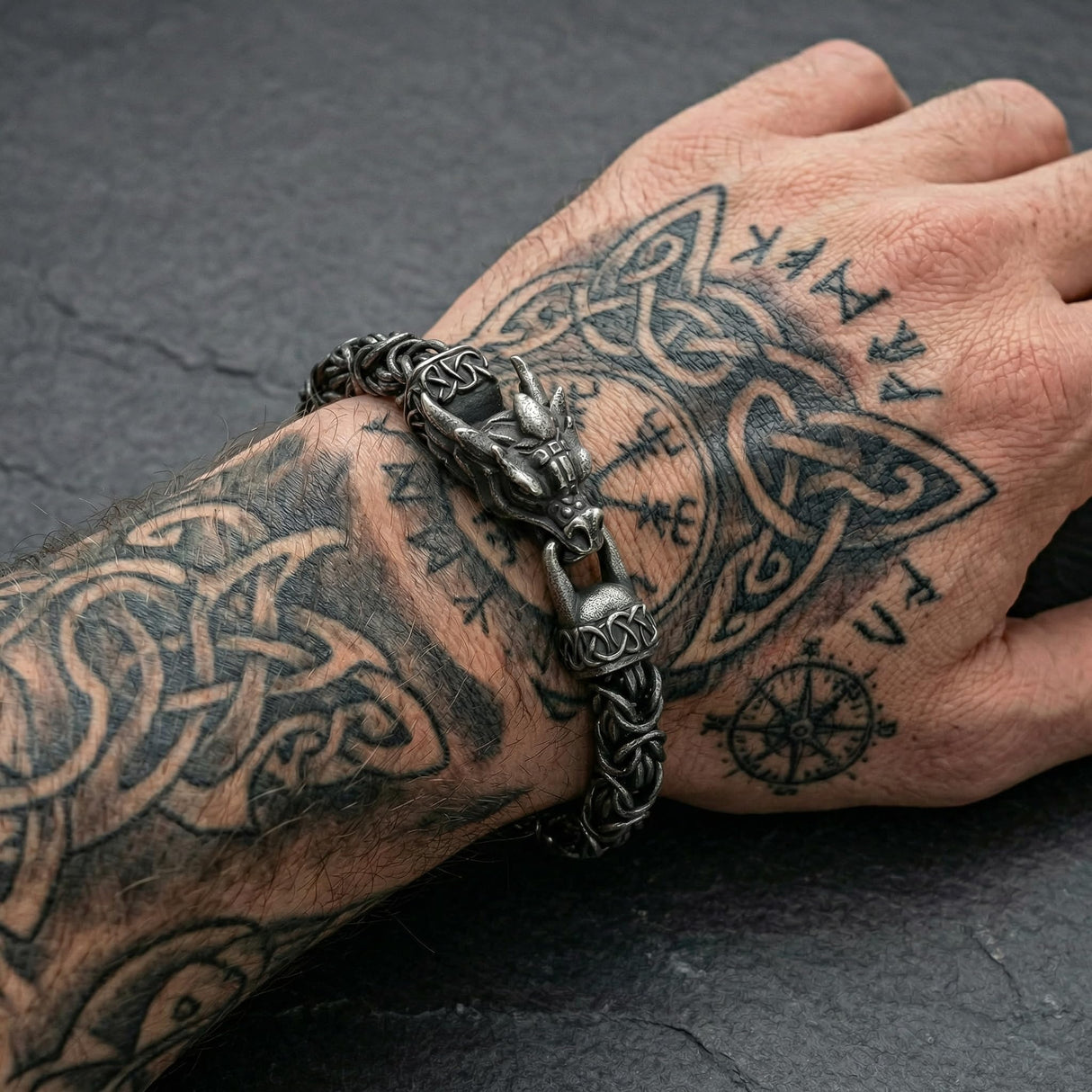 8" Byzantine Black Stainless Steel Norse Vintage Dragon Bracelets for Men