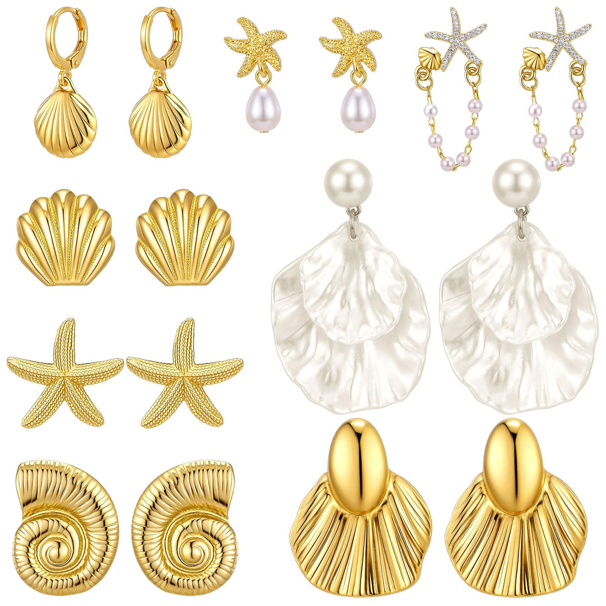 Nosiny 8 Pairs Beach Earrings for Women Gold Starfish Seashell Pearl Drop Shell Conch Earrings Summer Ocean Beachy Jewelry
