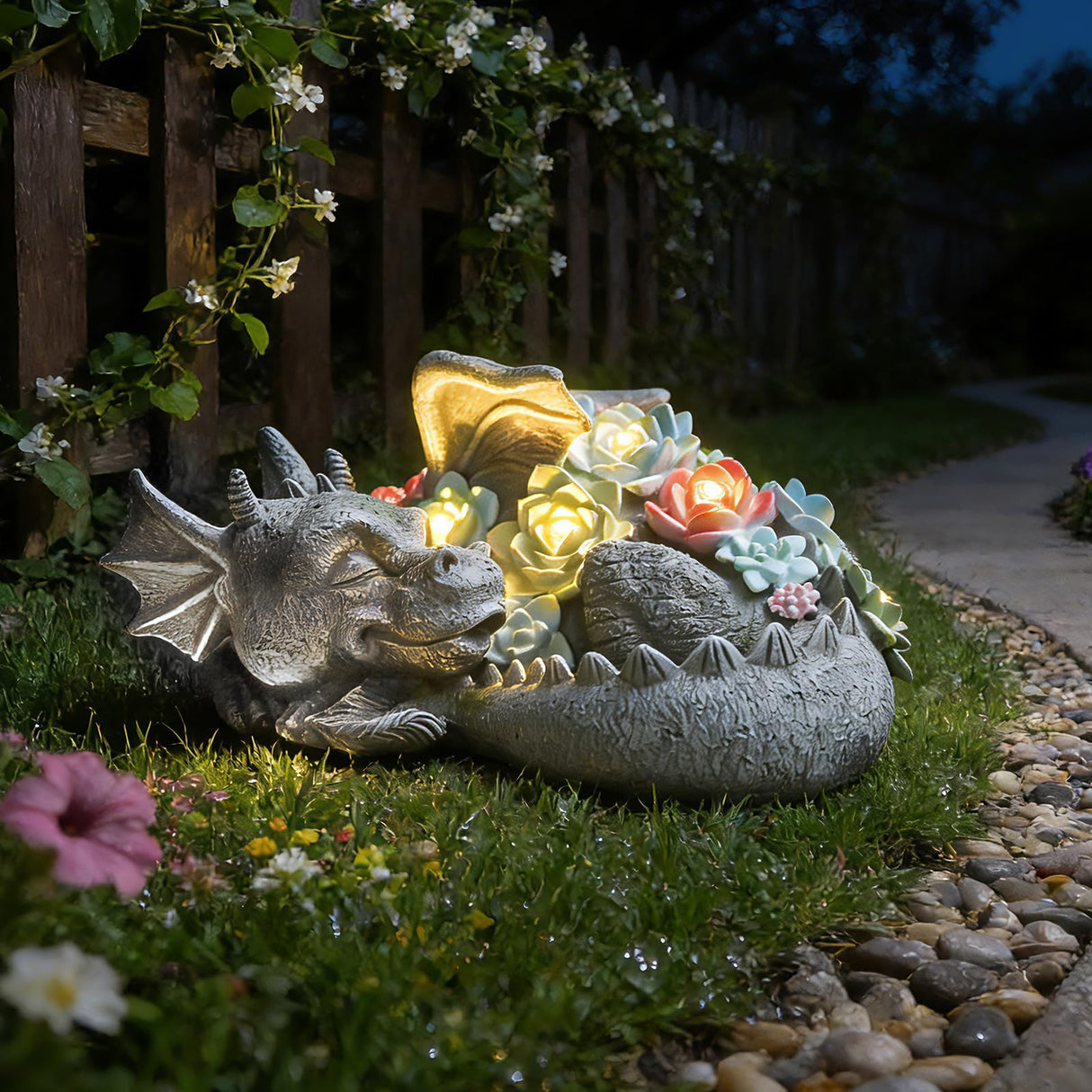 Garden Dragon Statue Outdoor Decor, Coiled Sleeping Dragon Figurine with Solar Light Succulent, Waterproof Resin Garden Sculpture for Outside Lawn Patio Yard Ornament