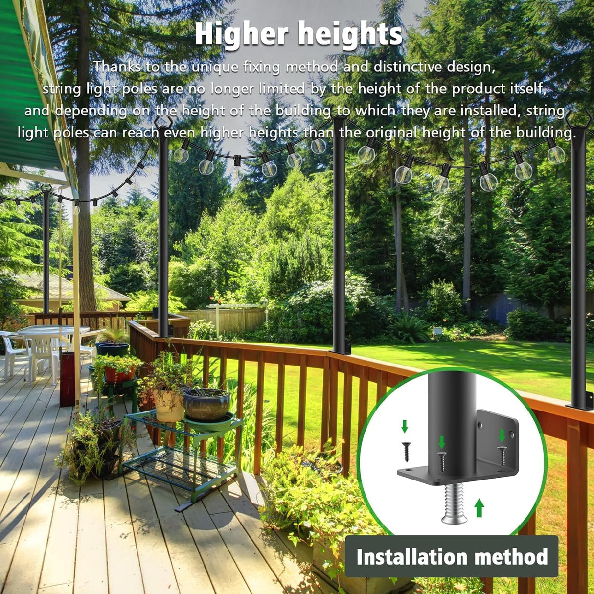 2 Pack String Light Poles,5Ft Metal Poles for Outdoor String Lights,Outdoor Light Poles with Post,Poles/Stand for Outside,Patio,Deck,Backyard,Garden Wedding,Party