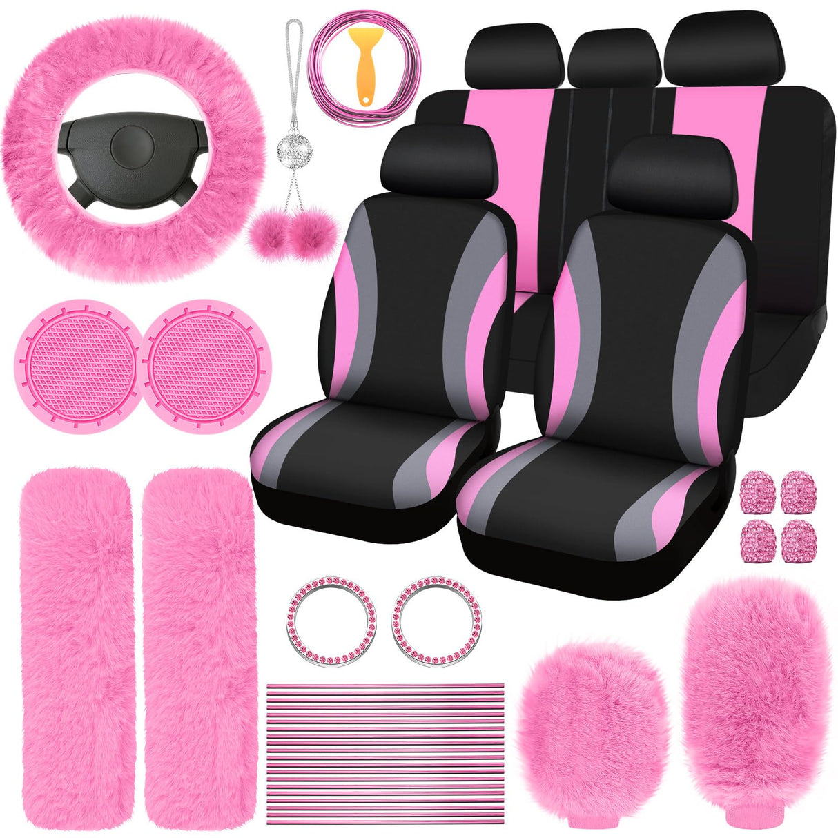 ROCEEI 43 Pcs Car Seat Cover Full Set Fuzzy Car Accessories for Women Christmas Front Rear Cover Fluffy Steering Wheel Cover Belt Handbrake Shift Cover(Pink, Gray, Black)