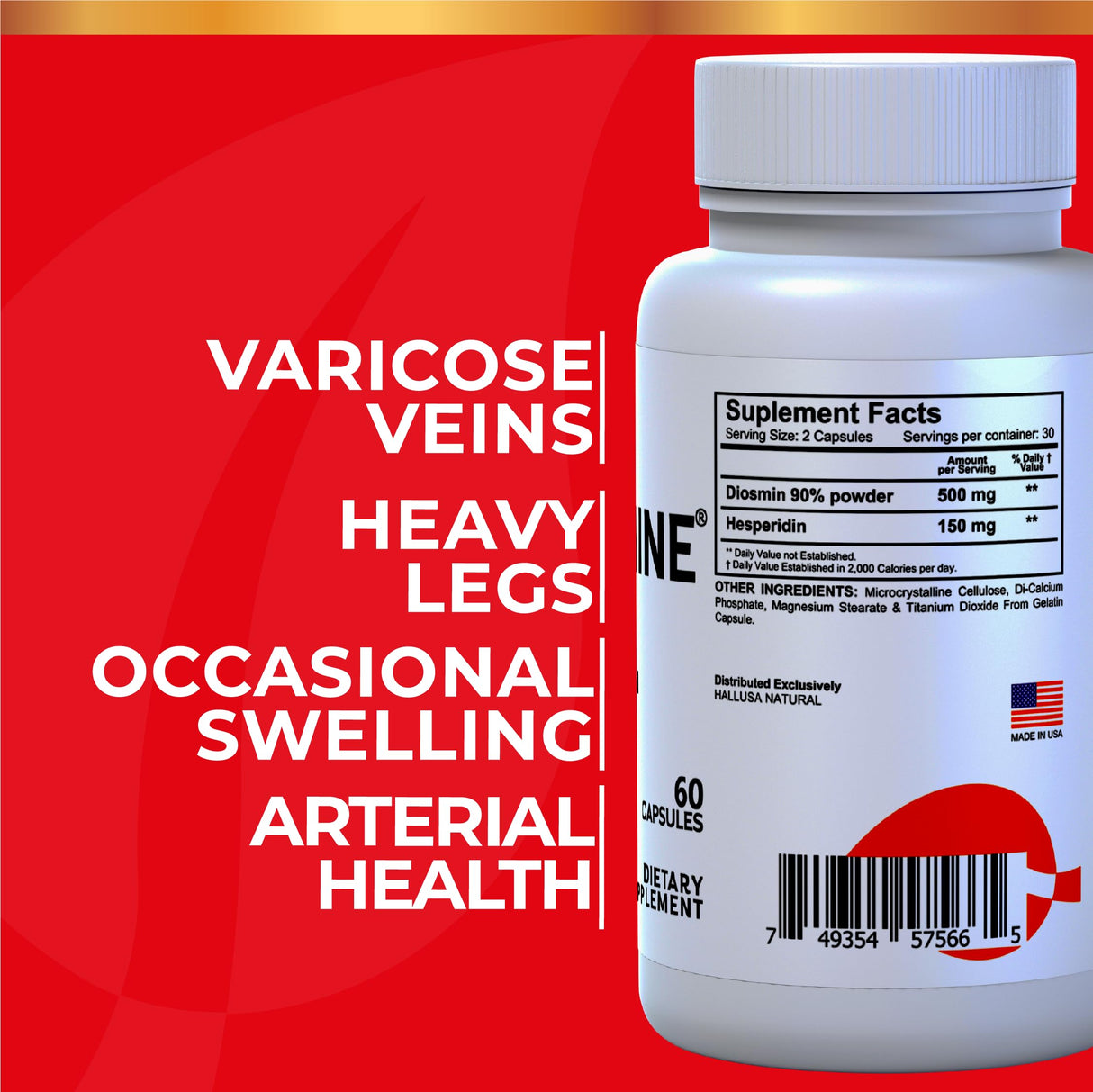 Hallusa Natural Hallosmine Ultra Diosmin 500mg & Hesperidin 150mg – Heavy Legs, Swelling & Vein - Blood Circulation Supplements, 60 Caps