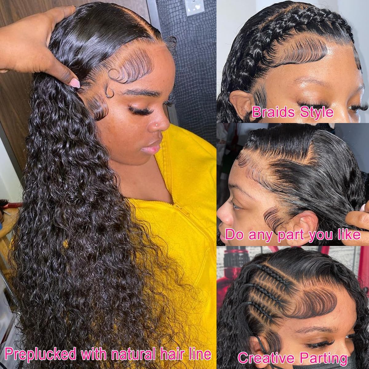 Keshon 13x5 Deep Wave Lace Front Wigs Human Hair 200% Density Deep Wave Frontal Wig Pre Plucked HD Transparent Full Lace Frontal Wigs Human Hair with Baby Hair Natural Color 28 inch