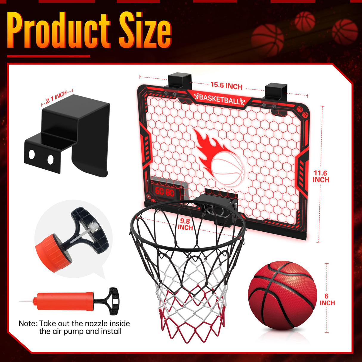 ZIZZ Indoor Basketball Hoop for Kids: Over The Door Basketball Hoop with LED Light & Scoreboard Mini Basketball Hoops with 3 Balls Christmas Birthday Toys Gifts for 5 6 7 8 9 10 11 Year Old Boys Girls