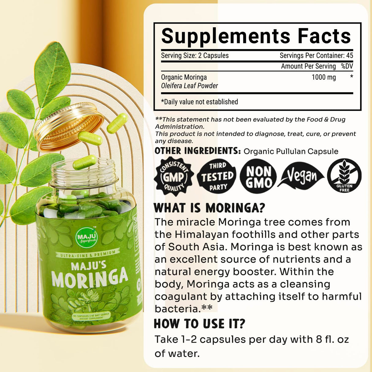 Maju Superfoods Organic Moringa Capsules, Oleifera Leaf, Extra-Fine Quality Moringa Leaves, Dried Drumstick Tree Leaves, Organic Moringa Powder Extract Supplement Capsules from Plant (90 ct)