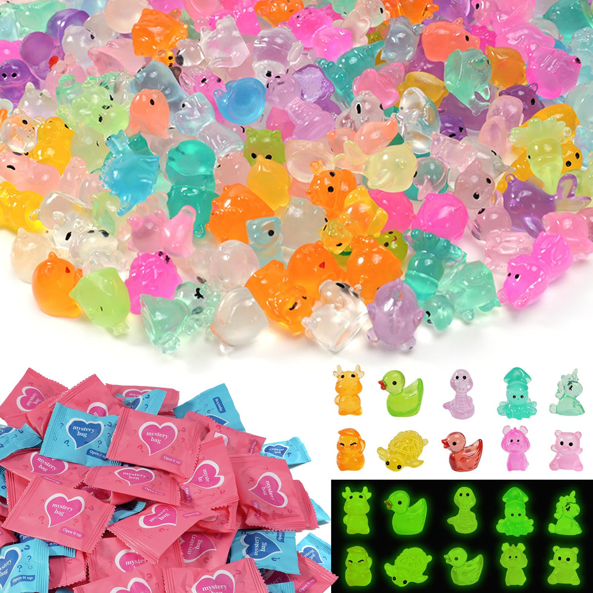 Rkyzhuang 320 Pcs Mini Resin Animals with Blind Bags, Glow in The Dark Tiny Resin Figures Mystery Bags, Miniature Animals for Classroom Rewards, Party Favors, Fairy Garden & Dollhouse Decor