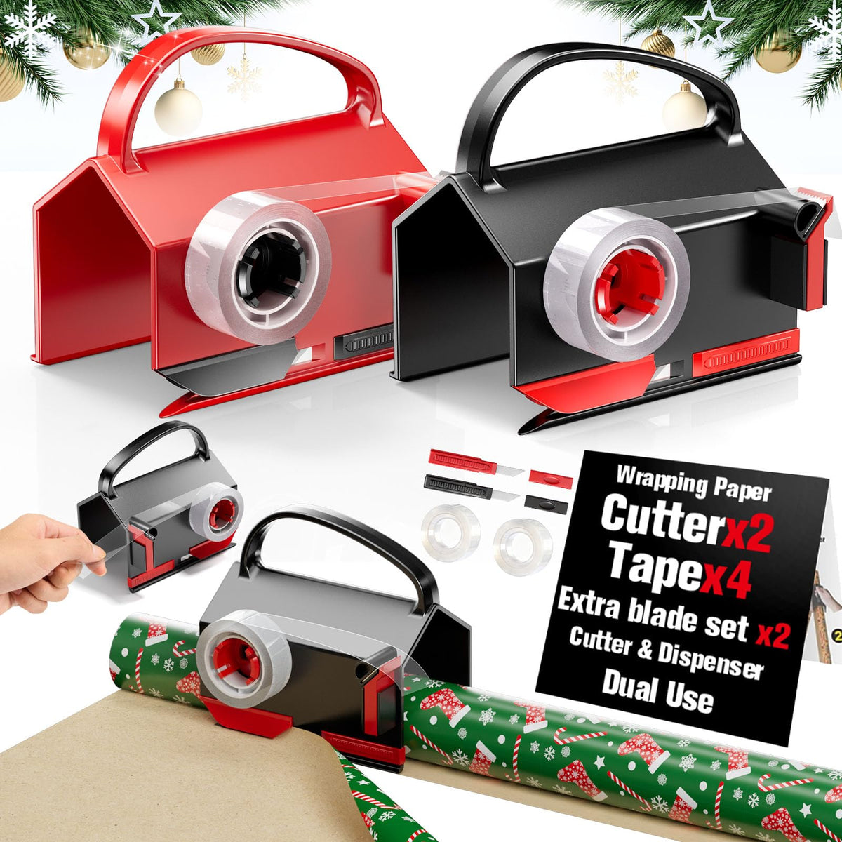 2 Pack Wrapping Paper Cutter & Tape Dispenser Dual Use, Gift Wrap Cutter Tool for Rolls Paper with 4 Tapes & 2 Replace Blades Kit for Christmas Birthday, Easy Cut for Present Wrapping