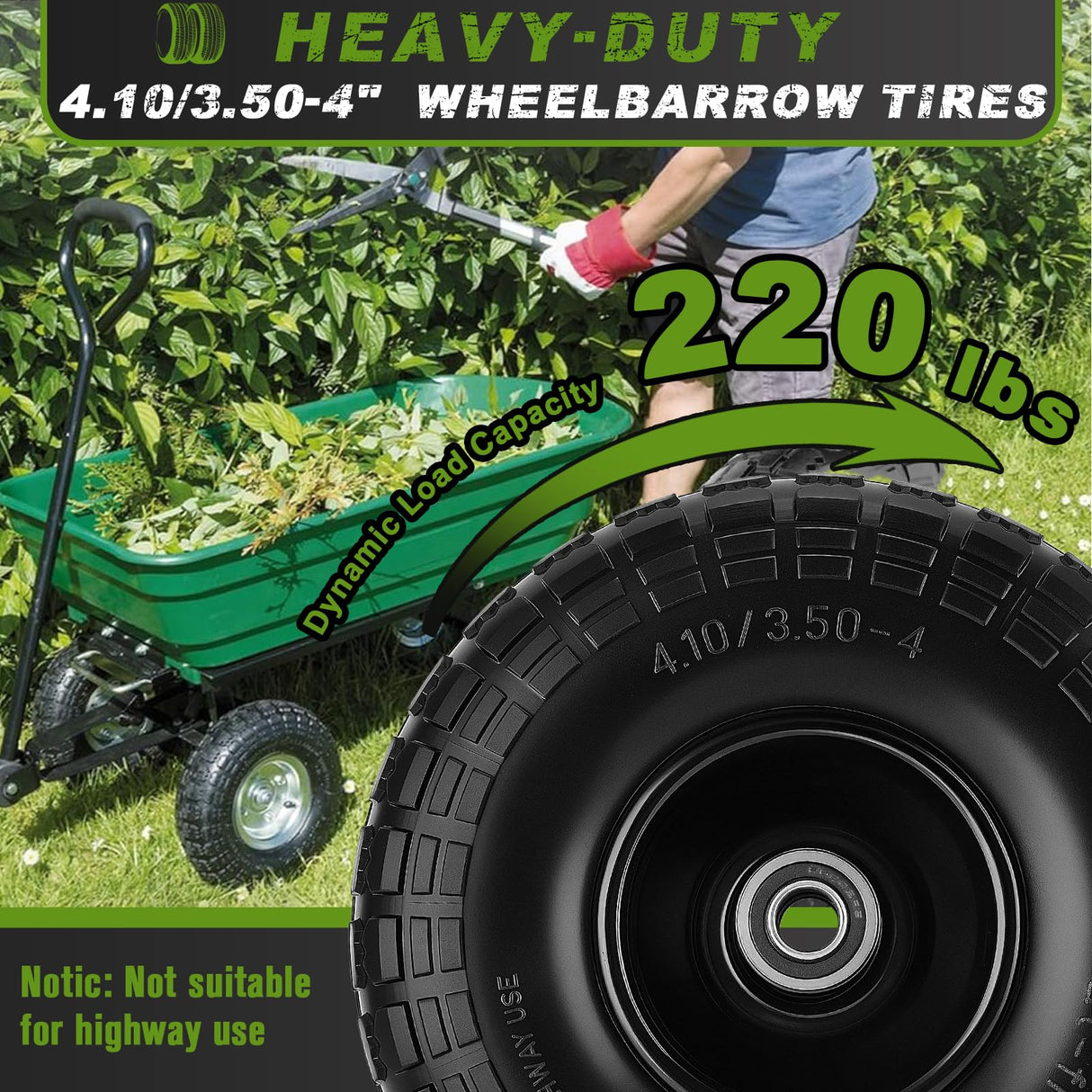 2 Pcs 4.10/3.50-4" Tire and Wheel Flat Free, 10 Inch Solid Rubber Tires with 5/8" Axle Bore Hole, 2.2" Offset Hub for Hand Truck, Wheelbarrow, Gorilla Cart, Garden Wagon Cart, Dolly, Utility Cart