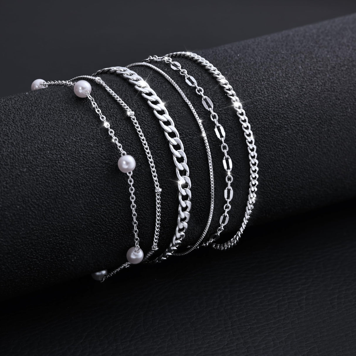 MBW Silver Bracelets for Women Trendy, Dainty 14K Silver Plated Cuban Link Chain Pearl Bracelet Silver Stackable Bracelet Stack Waterproof Tiny Cute Bracelet Set Layering Bracelet Minimalist Jewelry