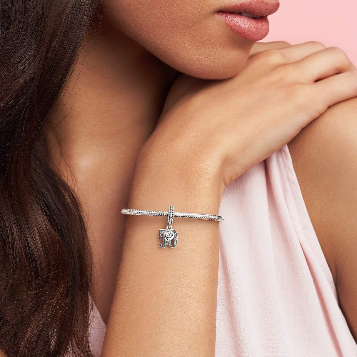 PANDORA 50th Celebration Dangle Charm - Compatible Moments - Sterling Silver with Clear Cubic Zirconia - Gift for Her - Jewelry for Women with Gift Box