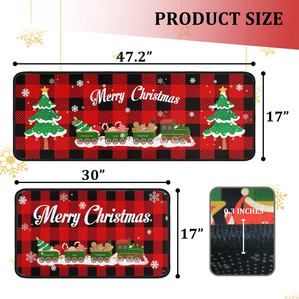 Christmas Kitchen Rugs and Mats Set (2 PCS), Merry Christmas Indoor Floor Mats Red Black Buffalo Check Plaid for Winter, Xmas Door Mat Runner Rug Mat for Kitchen Home Decor (17"x47"+17"x30")
