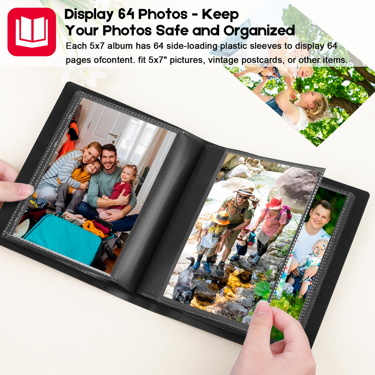 Aevdor 5x7 Photo Album Holds 64 Photos Black Inner Pages with Strong Elastic Band, Small Photo Album 5x7, Mini Picture Book for 5 x 7 Artwork, Pictures, Kids Art Storage, Postcards, Drawings (Black)