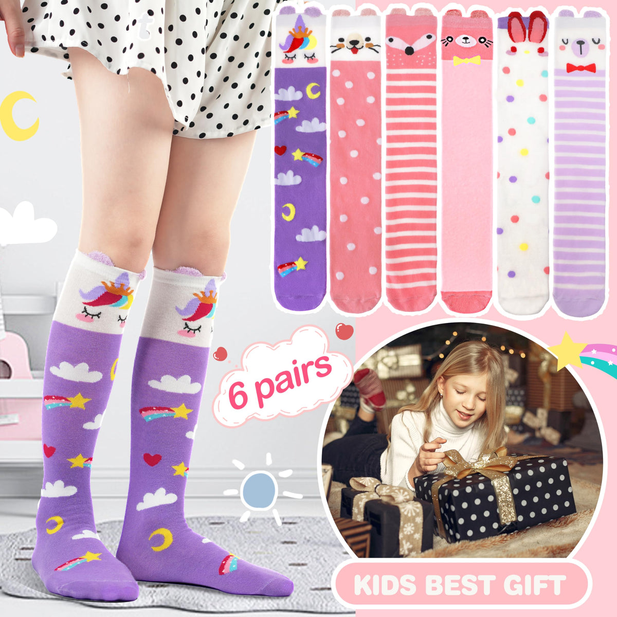 MOGGEI Kids Girls Knee High Socks Long Boot Crazy Silly Fun Gift Tall Funny Cute Animal Christmas Gift for 4 5 6 7 8 9 10 11 12 Year Old Girls Stocking Stuffers Socks 6 Pairs (Animal Pink Purple)