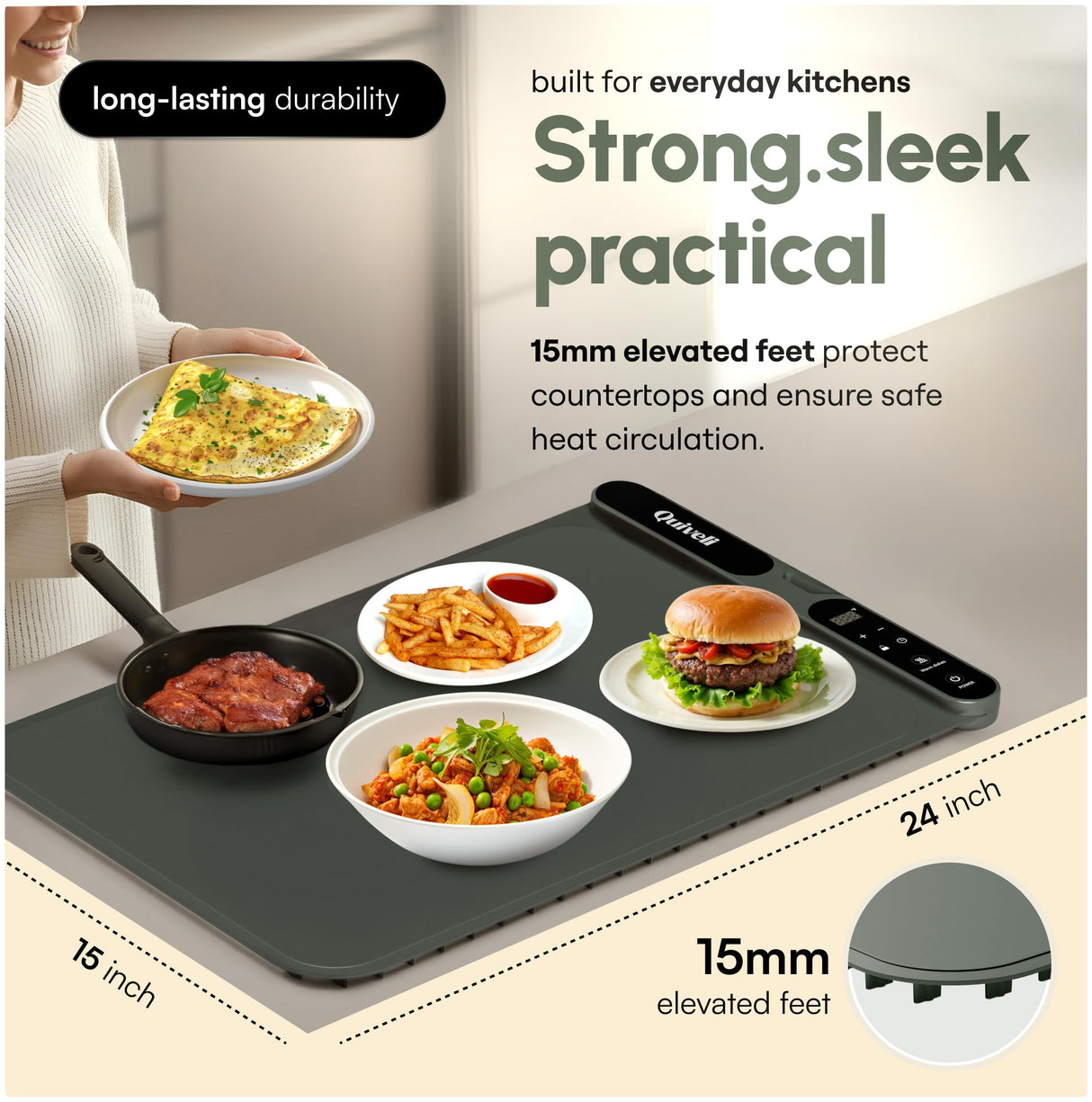 Quiveli Electric Food Warming Mat for Buffet - 24"x15" with Child Lock, Timer, 3 Preset Temp - Fast & Even Heating Foldable Warming Mats for Food Dishes - Food Heating Pad for Kitchen Counter