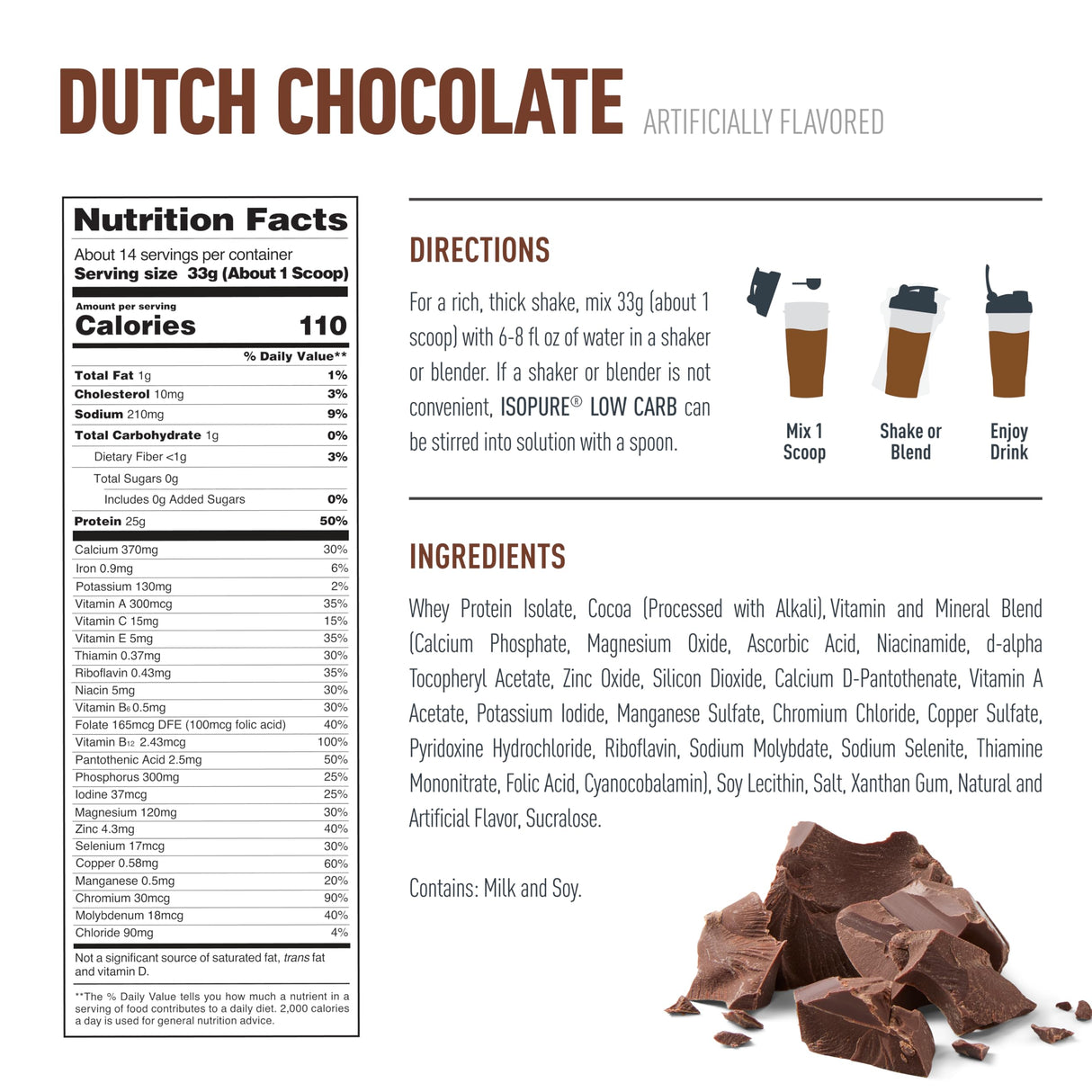 Isopure Low Carb 100% Pure Whey Isolate Protein Powder, Lactose Free, Gluten Free, With Vitamins, Dutch Chocolate, 25g Protein Per Serving, 1 Lb, 14 Servings (Packaging May Vary)