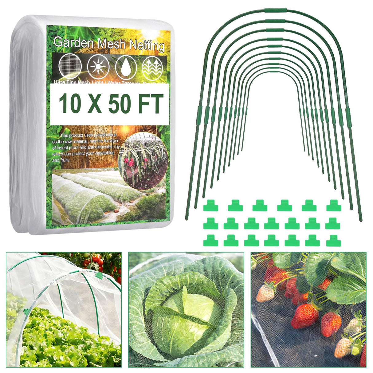 Fippy Garden Netting Kit, 10 X 50FT Garden Netting Pest Barrier with 10 Sets Garden Hoops and 20pcs Clips, Insect Netting Row Cover for Raised Beds Vegetable Fruits Flowers Protection