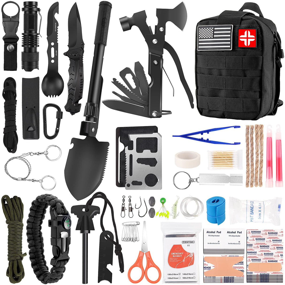 Emergency Survival Kit and First Aid Kit, 142Pcs Survival Gear and Supplies Equipment with Molle Pouch, Gift for Christmas Men Dad Husband Camping Essentials Hiking Hunting Outdoor Adventure (Black)