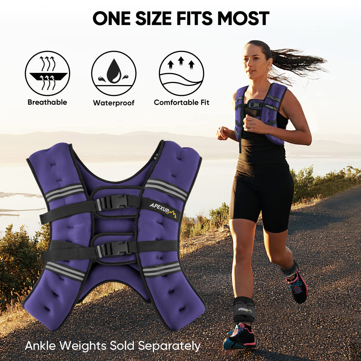APEXUP Weighted Vest with 5lbs/10lbs/15lbs/20lbs/25lbs/30lbs Weights and Reflective Stripe, Weight Vest Men Women for Workout, Strength Training, Running (Purple, 15lbs)